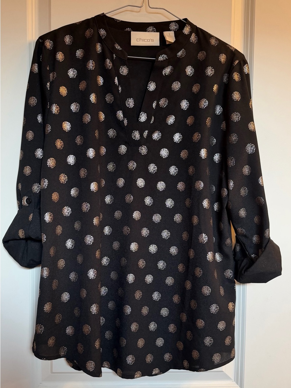 Chico's Black Pullover V-neck Blouse with Gold Metallic Polka Dot Print